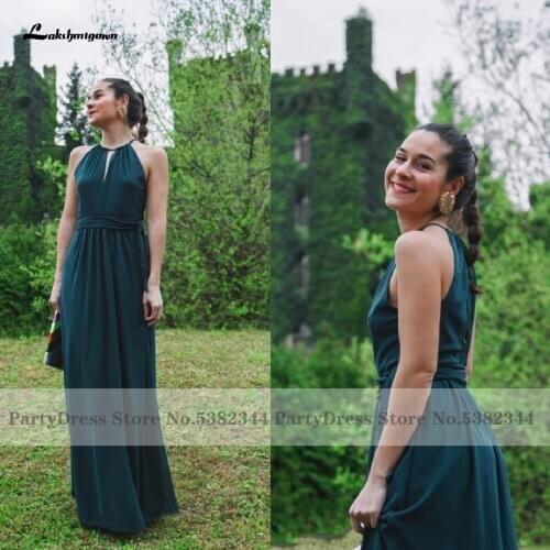 Lakshmigown Hunter Green Chiffon Long Bridesmaid Dresses Halter Ruched Beach Wedding Guest Evening Dress 2021 Floor Length