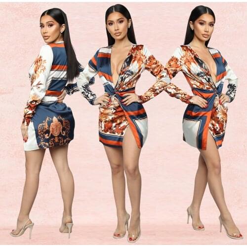 Elegant Print Women Mini Dress Deep V Neck Long Sleeve Evening Club Party Dress Bodycon Shirts Dresses Summer Vintage Vestidos