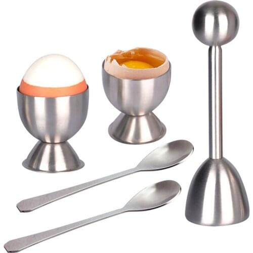 Egg Cutter Topper Set 1pc Stainless Steel Egg Topper Opener + 2 Egg Cups + 2 Spoons for Hard and Soft Boiled Eggs