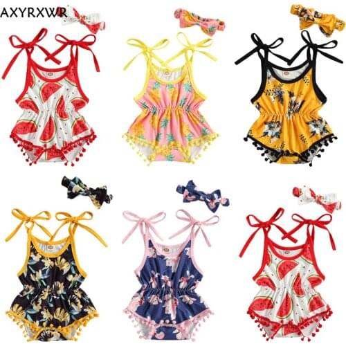 5 Colors Lovely Baby Girls Rompers Summer Toddler Infant Girls Sleeveless Floral Print Tassel Romper Jumpsuits Headband Outfits