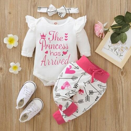 0-24Months The Princess has Arrived Letter printing Infant Baby Girl Letter Romper Tops Pants Headbands Princess Set Outfits M5