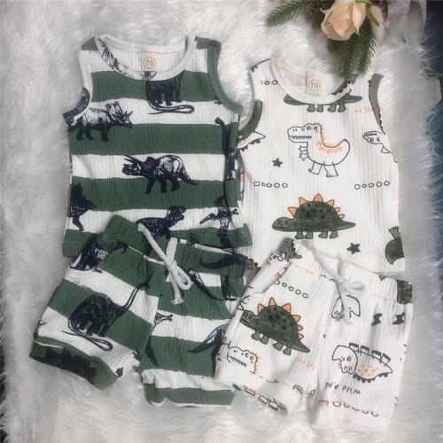 0-24M Summer Toddler Infant Baby Boys Girls Clothes Sets Ribbed Cartoon Dinosaur Print Sleeveless Vest+Elastic Shorts Outfits