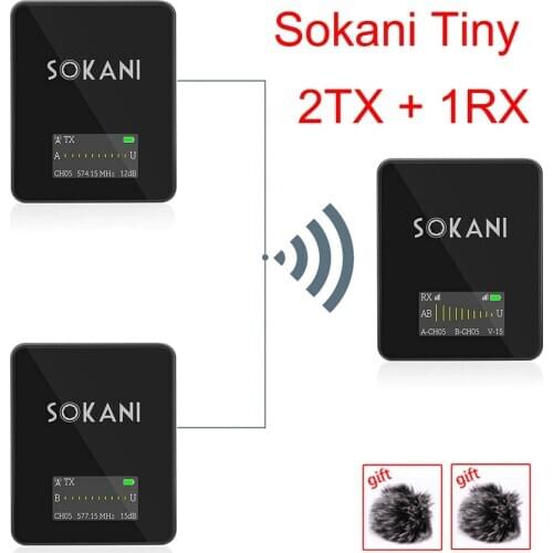 Sokani Tiny UHF Wireless Microphone System Kit 2TX 1RX Lapel Lavalier Microphone for Smartphone DSLR Camera For Video Recording