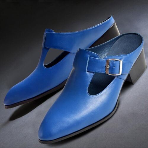 2019 New Mens Buckle Real Leather Slippers Summer Genuine Leather Pointed Toe High Heels Sandals Black Blue Dress Shoes Quality