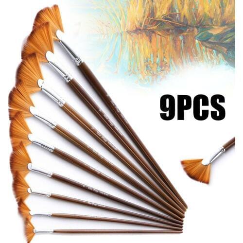 9pcs/set New Fan Bristle Paint Brush Oil Acrylic Artist Paint Brushes Set Flaxen Color Painting School Supplies