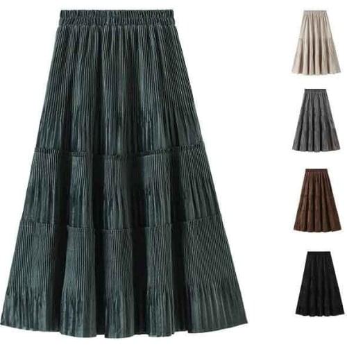 Solid Color Female Vintage Long Velvet Pleated Skirt Women Autumn Winter Elegant Fashion Ladies High Waist A line Skirt