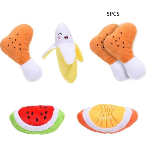 5Pcs/Set Pet Squeaky Toy Plush Realistic Food Fruit Shaped Dog Teething Toy Cat Bite Resistant Toys Drumstick Shape Dogs Toys