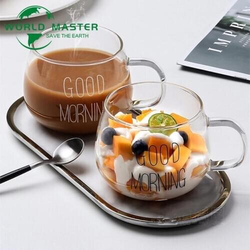 Visual Touch Good Morning Transparent Creative Glass Cup With Handle Tumbler Mug Glassware Coffee Tea Cups Milk Beer Soup Wine