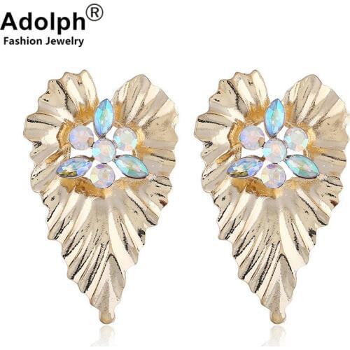 Adolph Vintage Crystal Leaf Stud Earring For Woman 2018 New Bohemian Gold Color Earrings Fashion Jewelry Statement Accessories