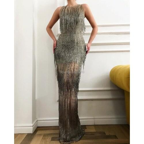 2020 Brilliant Round Neck Mermaid Evening Dress Sleeveless Floor-Length Beading Prom Dress Celebrity Dress Robe De Soiree Aibye