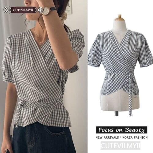 Women Summer Plaid Shirts Short Sleeve Preppy Style Girls Short Cotton Blend Bow Tie Chic Top Cute C3109