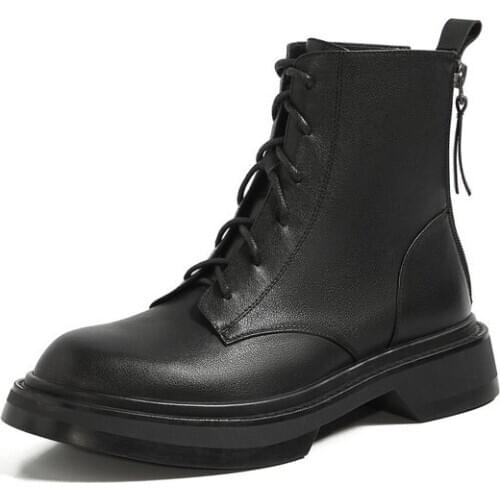 Genuine Leather Thick Heels Lace Up Ladies Boots Elegant Platform Round Toe Women Pumps Winter Casual Shoes Woman