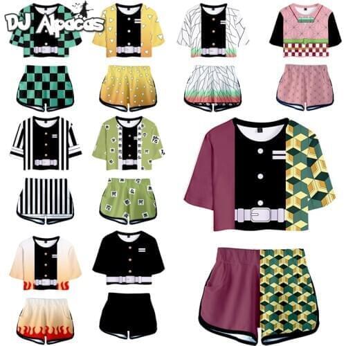 Japanese Anime Kimetsu No Yaiba Cosplay Costume for Women Girl Short Demon Slayer Kamado Tanjirou Print Top Pants Set Sleepwear