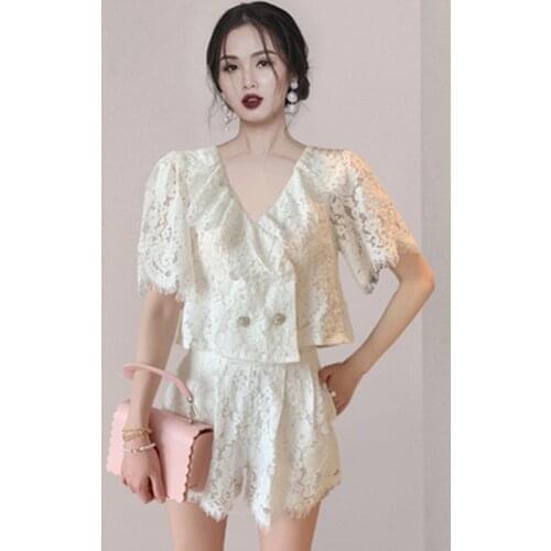 New Fashion Lace 2-Piece Suits Women 2021 Summer Elegant V-Neck Short Crop Top & High Waist Shorts Korean Chic Simple Work Set