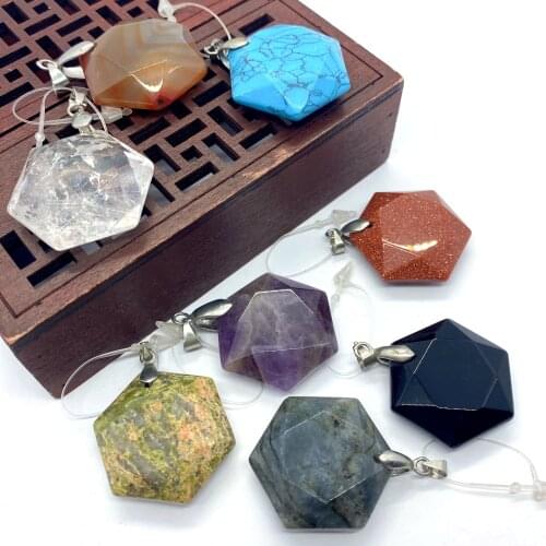 25mm Natural Stone Pendant Blue Turquoise Mineral Jewelry Pendant Is Used for Jewelry Making Hexagonal Polished Mixed Color 1pc