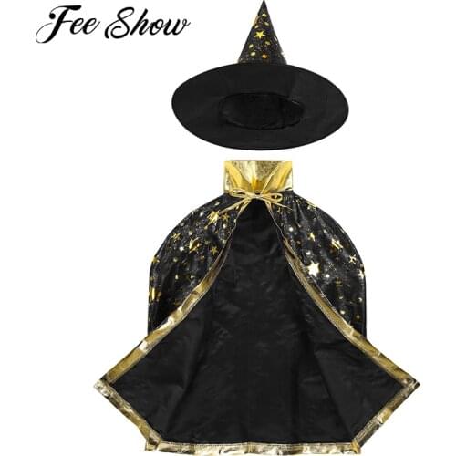 Kids Halloween Costume Witch Wizard Cloak Cape Pointed Hat Set Cosplay Party Stars Pattern Girls Boys Magician Outfit