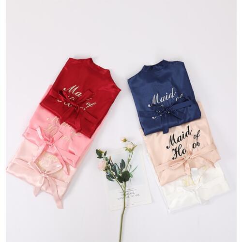 Maid of Honor Embroidery Robe Womens Wedding Kimono Sleepshirts Pajamas M-2XL Spring Summer Nightgown Bath Gown Sleep Sleepwear
