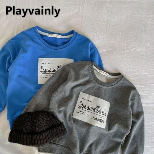 2021 Korean Style New Autumn Boys Girls Sweatershiits Blue Grey Labeling Pullover Round Collar Long Sleeves Children Clothes E45