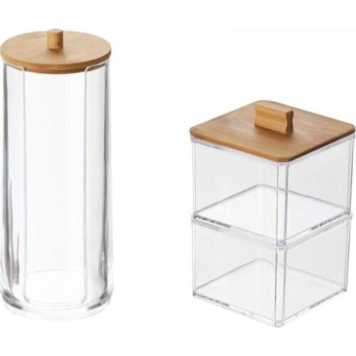2PCS Multifunctional Round Storage Box Makeup Cotton Pads Swab Storage Bin Cosmetics Organizer Box with Bamboo Cover