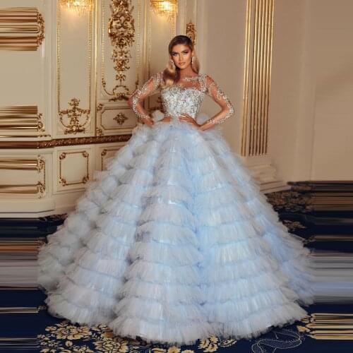 2021 Pretty Puffy Sky Blue Ruffles Tutu Wedding Dresses Luxury Beaded Crystals Ball Gowns Charming Tiered Tulle Bridal Dresses
