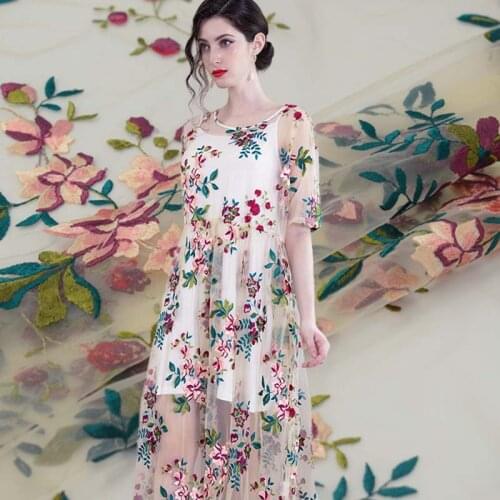 Chinese rose mesh embroidery lace fabric for dress ткань ткани tissu telas por metro bazin riche tissus кружево stoffen vestido