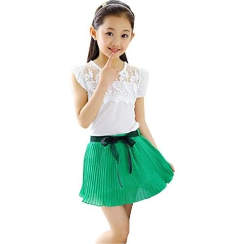 Summer Girls Clothes Set Girl Lace Chiffon Sleeveless Vest+ Skirt 2Pcs Clothing Suit Baby Toddler Kids Clothe For 3-12 Years