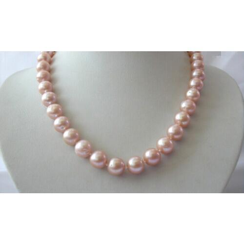 Charming big 12mm round pink freshwater cultured pearl necklace