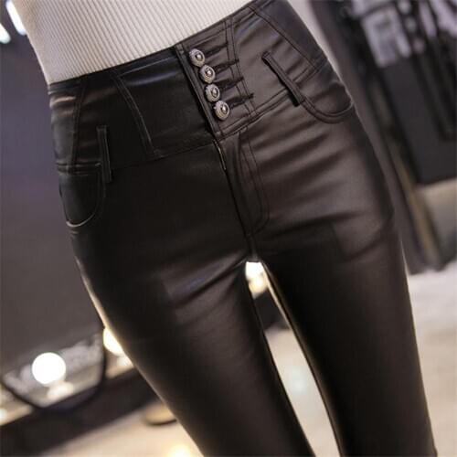 New autum winter stretch plus Velvet multi-button design leg leggings Slim was thin PU leather pants