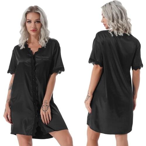 Sexy Satin Dress Women Pajamas Loose Lace Trimming Nightdress V Neck Button Down Sleepshirts Nightwear Solid Homewear Loungewear