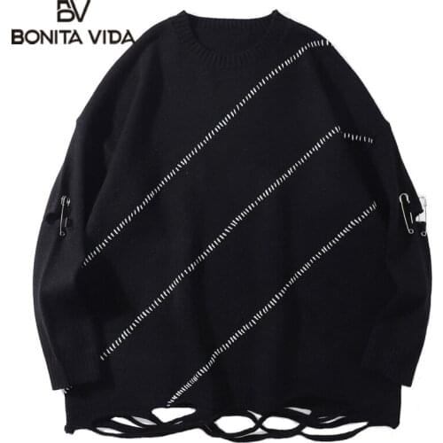 Bonita Vida Oversize Hole Korean Casual Sweater Men Autumn Winter Hip Hop Pullover Loose Long Sleeve Knitwear Knit Outwear