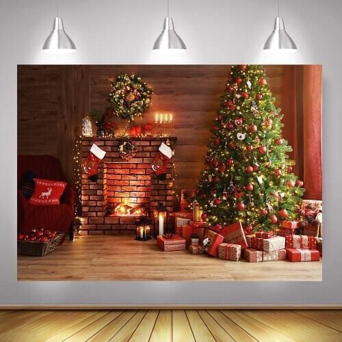 Christmas Winter Backdrop Photo Studio Fireplace Christmas Tree Stocking Background Gifts Green Wreath Living Room Photography
