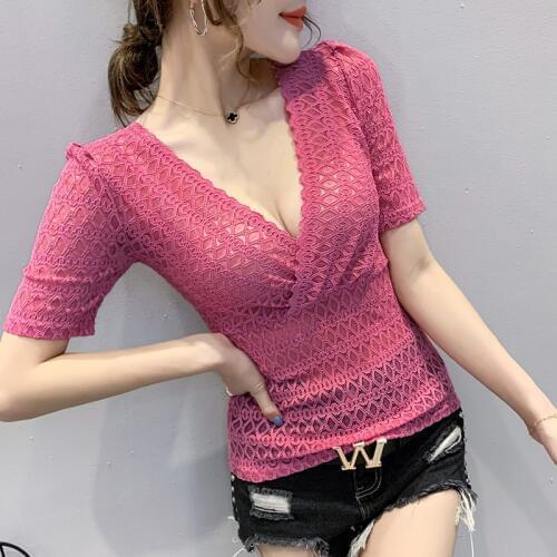 Wrap Shirt Open Chest Top Summer Lace Mesh Short Sleeve Sexy Deep V Neck T Shirt Harajuku T-Shirt Women Tops Plus Size Pink