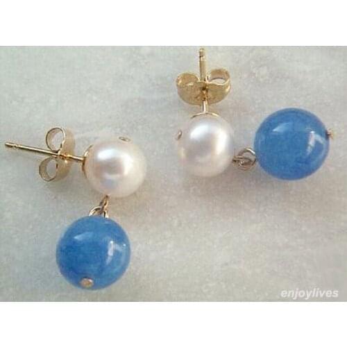 Genuine White Pearl Blue Jade Yellow Gold Plated Stud Earrings