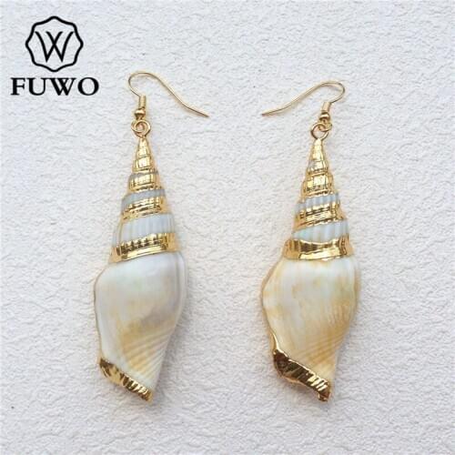 FUWO Natural Conch Shell Dangle Earrings With 24K Gold Filled Edge Minimalist Design Ocean Beach Island Trumpet Earrings ER502