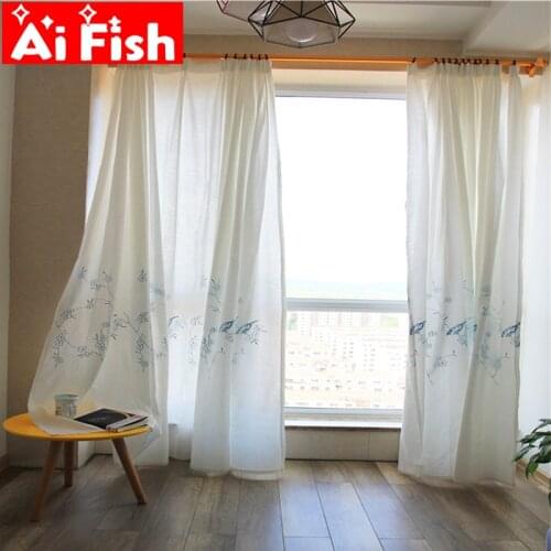 Blue Art Embroidered Bird Plant Flower Curtains Cotton Linen Fabric Bedroom Gauze American Pastoral Half Shade Tulle Drapes #4