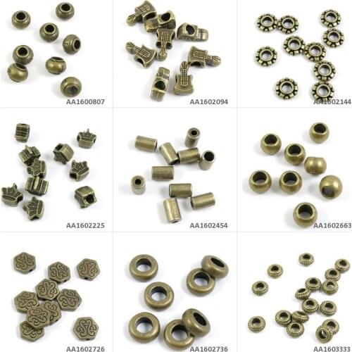 Antique Bronze Tone Jewelry Charms Round Loose Beads Big Hole Ring Hexagon Cylinder Tube Crown Flower Spacer Guitar Love Beading