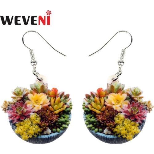 WEVENI Acrylic Cartoon Succulent Plant Bonsai Earrings Drop Dangle Pot Flower Cactus Herb Plant Jewelry For Women Girl 2018 Gift