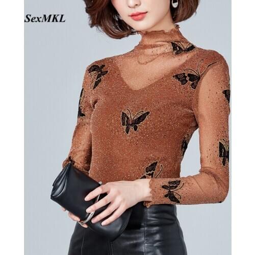 Womens Mesh Tops and Blouses Plus Size 2020 Summer Long Sleeve Blouse Women Printed Korean Clothing Sexy Office Ladies Black Top