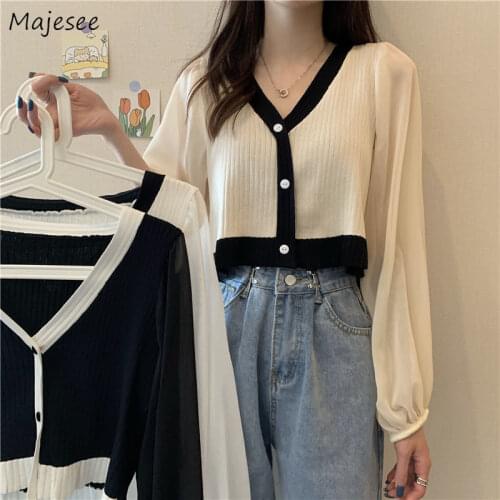 Cardigans Sweater Women Autumn Short Style Patchwork Chiffon Sleeve Korean Style Slim Ulzzang Leisure Elegant Ladies V-neck Chic