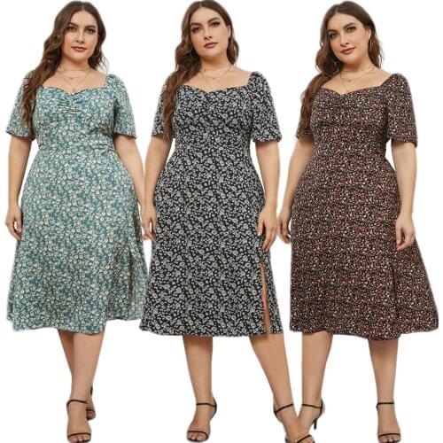 2021 Summer Women Plus Size Dress Flower Print Square Neck Side Slit Midi Dresses Short Sleeve Party Gown Holiday Beach Vestidos
