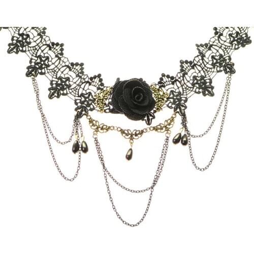 1pc Fashion Retro Lace Rose Beads Pendant Gothic Style Choker Tattoo Necklace Jewelry Accessories Party Dress Up
