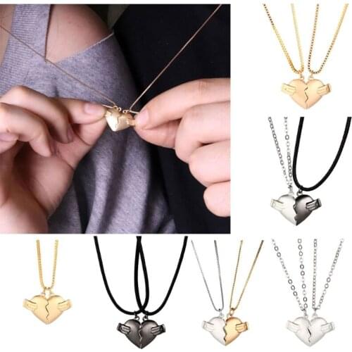 2Pcs/set Hot Lovers Heart Pendant Chain Couple Necklace Strong Magnetic Distance for Girlfriend Men Women