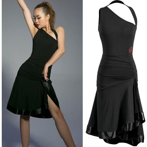 2020 New Adult Latin Dance Competition Dress Oblique Shoulder Sexy Black Latin Practice Dress Latin Performance Clothes DQS5065
