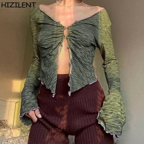 90s Aesthetics Ruffles Button Green T-shirts Y2K Kawaii Fairy Grunge V-neck Flare Sleeve Ruched Slit Crop Tops Sexy Tee Vintage