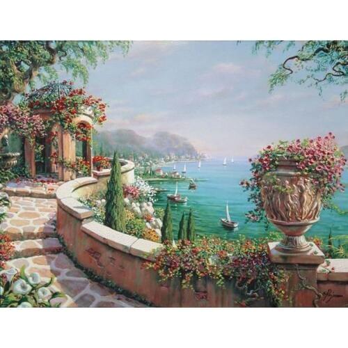 Free shipping Mediterranean sea flower road seascape oil painting canvas prints printed on canvas wall art decoration picture