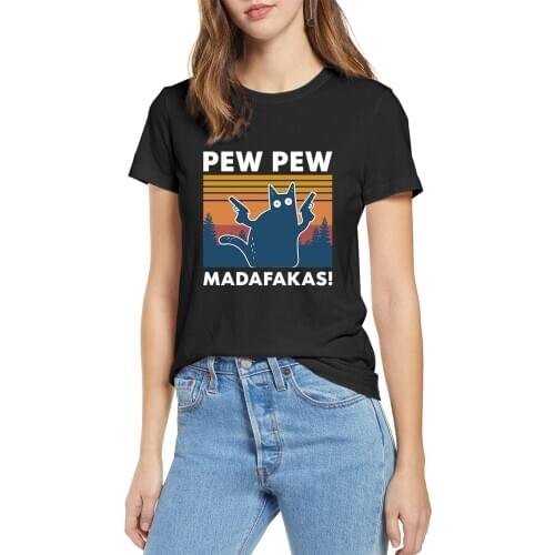 Black Cat Pew Pew Madafakas Funny Cat Gangster With Gun Meme Retro Womens Short Sleeves T-Shirt Humor Gift Tops Tee,Drop Ship