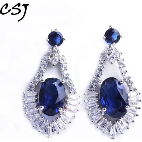 CSJ New Stylish Created Blue Crystal Drop Earrings Oval 8*12mm Cut Fine Charm Jewelry for Women Party Gift in Box free express