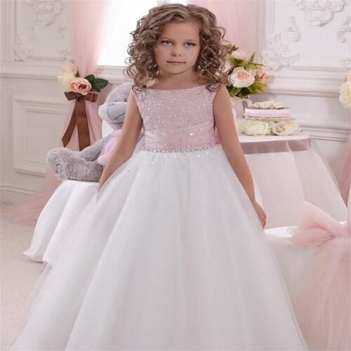 Flower Girl Dresses Sleeveless Tulle Bright diamond Applique Girl Pageant Sequins Party Gown Princess Holy Communion Dresses