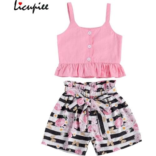 Baby Toddler Girl Casual 2 Pcs Outfits Sets, Sleeveless Ruffle Button Tank Top + Stripe Floral Printed Short Pant 1-4 Years