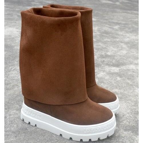 Designer Woman Inner Hidden Wedge Heel Suede Boots Height Increasing Thick Platform Knee High Boots Apricot Brown Grey Fold Boot